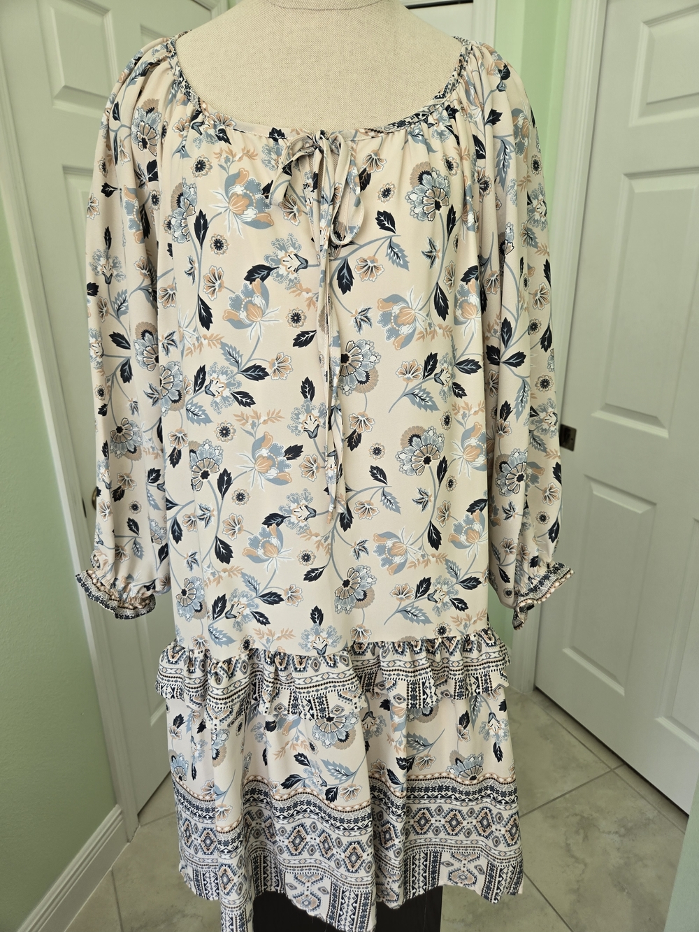 Boho Floral Long-Sleeve Peasant Dress in Beige and Blues Tie Neck